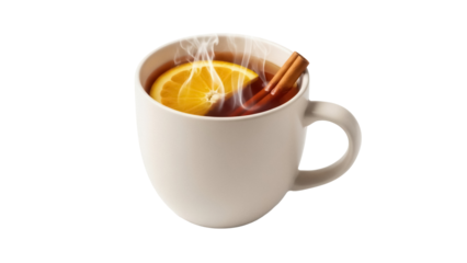 Isolated aromatic spiced tea in mug with orange slice and cinnamon, warm seasonal beverage