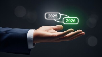 Business hand holding futuristic digital interface with 2025 and 2026 year icons representing future planning and technological advancement in business strategy