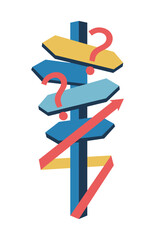 Career decision. Path pointer. Choice direction. Find solution. Employment way. Option questions. Business navigation. Road pointing signpost with arrows. Choose opportunity challenge. Vector concept