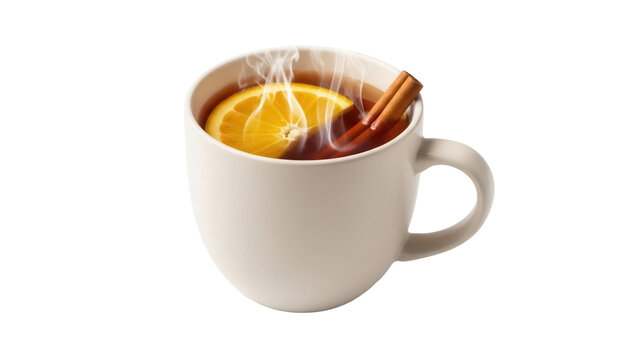 Isolated aromatic spiced tea in mug with orange slice and cinnamon, warm seasonal beverage