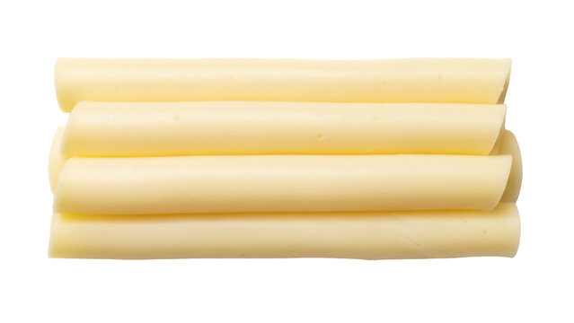 Isolated pile of light-yellow string cheese sticks, dairy snack or school lunch ingredient