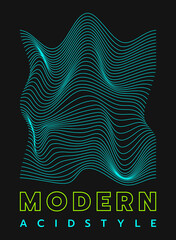 Y2k design banner. Rave poster. Modern acid style. Graphic distorted line mesh texture. Neon geometric wavy surface. Cyberspace wireframe. Futuristic dynamic shapes. Curve grid. Vector abstract card