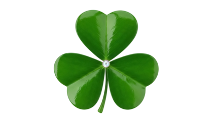 Isolated glossy green shamrock emblem with central jewel, a lucky St. Patrick's Day symbol