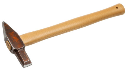 Isolated long-peen hammer with wooden handle, used for driving metal rivets and metal work tool
