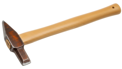 Isolated long-peen hammer with wooden handle, used for driving metal rivets and metal work tool