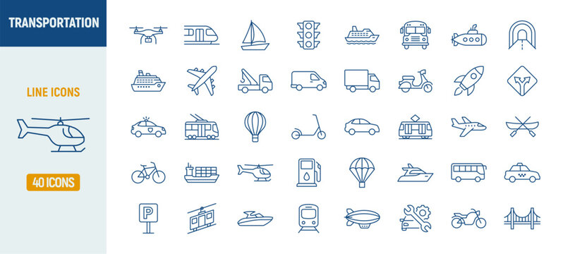 Transport bus truck train public line icons set. Motorcycle vehicle subway car bicycle plane outline symbol icon