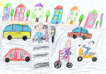 Child drawing buildings and cars. Happy family on a walk. Pencil art in childish style