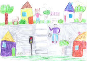 Child drawing buildings and cars. Happy family on a walk. Pencil art in childish style