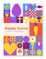 Easter minimal geometric card. Spring holiday festive poster. Square tiles background. Rabbit and egg on mosaic. Celebration postcard. Seasonal greeting. Vector cartoon flat isolated illustration