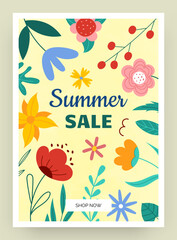 Summer sale poster. Doodle floral special offer, cute tiny leaves and flowers background. Typography discount card design, shop promo, retail promotion, online seasonal shopping. Vector illustration