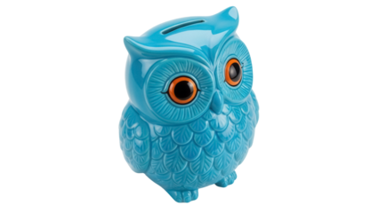 Isolated, a turquoise owl-shaped coin bank with orange eyes sits upright with no background