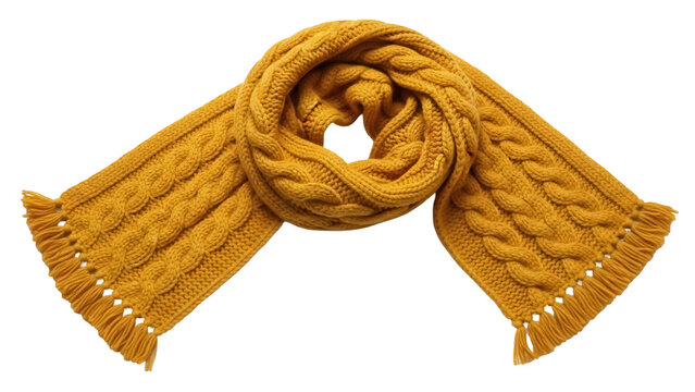 Isolated knitted yellow scarf with tassels wrapped in a ring on a neutral background