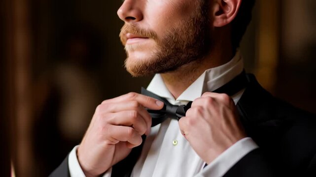 Wedding ceremony planning, groom adjusting his tuxedo bow tie.