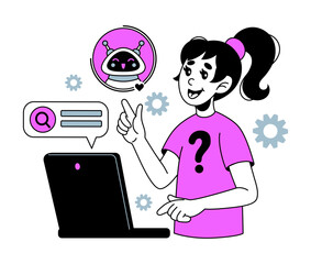 Girl chatting with chatbot. Computer interaction, speech bubbles, search symbol, friendly bot avatar and gears, online assistance, information and messages support on laptop. Vector illustration