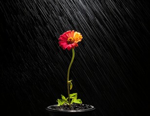 Vivid flower in pot under simulated rain against a black backdrop