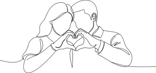 Fototapeta premium Minimalist continuous line art illustration depicts a loving couple forming a heart shape with their hands against a subtle rosy pink background gradient.