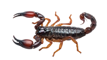 Isolated image of a glossy Emperor scorpion with pincers and segmented body on display
