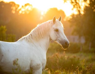 White horse silhouetted by golden sunset light in a field