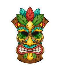 Ritual traditional mask. Wooden idol. Exotic tropical ethnic Polynesian Tiki totem. Aztec or mexican tribal colorful sculpture, statue face, ancient god. Vector cartoon flat isolated illustration