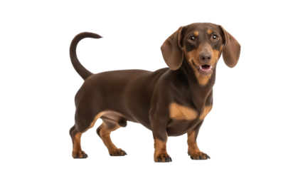 Isolated Dachshund dog standing smiling, brown and tan smooth-haired healthy miniature pet