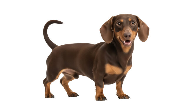 Isolated Dachshund dog standing smiling, brown and tan smooth-haired healthy miniature pet