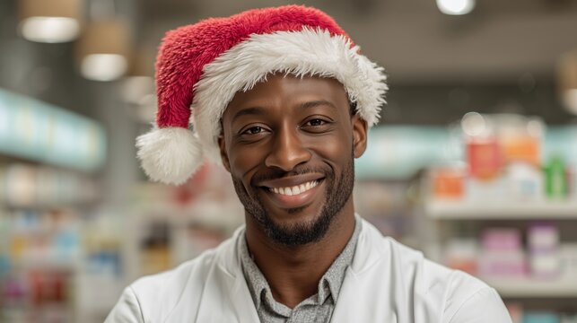 A pharmacist wearing a Santa hat at a pharmacy. Young black man 25-35 years old, medium background, white coat, blurred shelves, holiday season. - Powered by Adobe