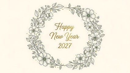 A floral wreath with Happy New Year 2027 text in the center, surrounded by a light background