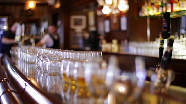 A bar counter with many glasses of light-colored beer