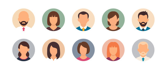 Avatar people face icon. Person man portrait icon. Business vector avatar woman head flat cartoon user icon set.