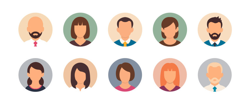 Avatar people face icon. Person man portrait icon. Business vector avatar woman head flat cartoon user icon set.