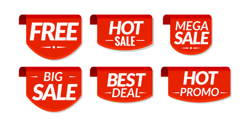 Sale promotional discount badges labels. Red marketing price tags icons ecommerce advertising retail offers
