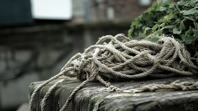 A close up view of a large tangled mass of sun bleached frayed hennep cordage resting on a weathered wooden surface