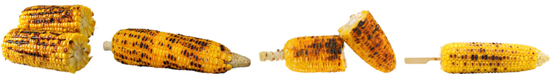 delicious grilled corn on the cob, featuring charred kernels and various presentation styles,...