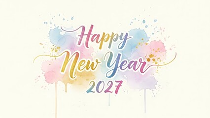 Celebratory New Year 2027 design with colorful splatters and paint drops on a light background