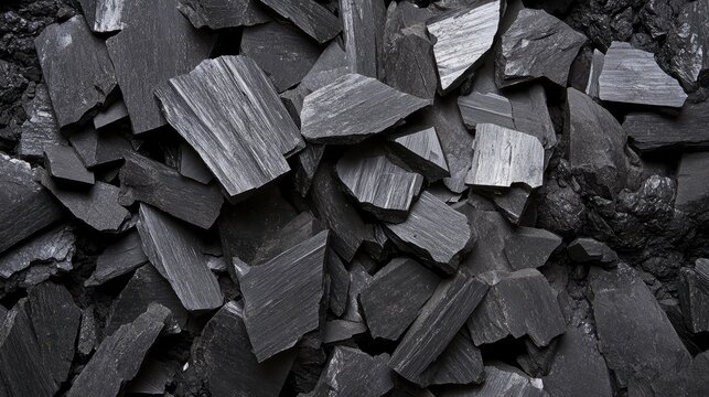A collection of sharp black obsidian shards with rough textures and natural striations