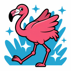 Cute Pink Flamingo Walking with Sparkles and Blue Abstract Shapes - Fun Cartoon Animal Illustration Wallpaper with Copy Space