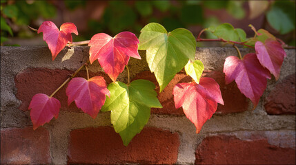 Colorful ivy leaves climbing on a red brick wall.
