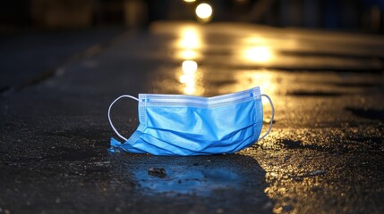 A discarded blue disposable face mask lies on a grimy urban pavement with blurry lights reflecting in the background