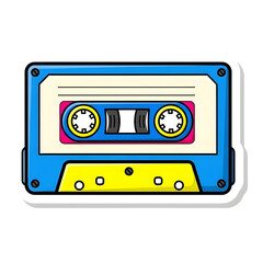 Naklejka premium Vintage blue cassette tape icon with yellow and pink accents