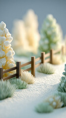 A miniature winter landscape with a wooden fence and fluffy plants.