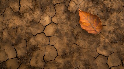 A dry brittle leaf rests on cracked parched earth surface in autumn texture detail