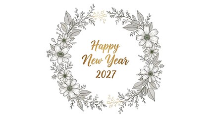 A celebratory floral wreath with Happy New Year 2027 text in elegant gold script on a clean white background