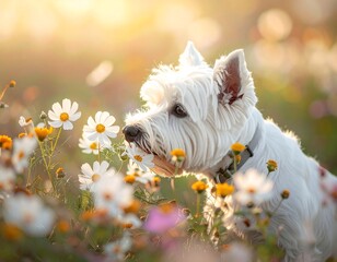 White terrier sniffing flowers in a sunny meadow