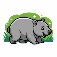 Obraz premium Cute Wombat Cartoon Illustration Background with Green Bush and Stars, Adorable Animal Character Design, Perfect for Children's Books and Websites, Copy Space