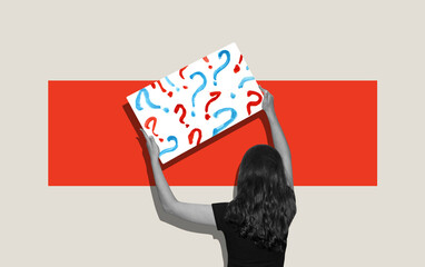 Collage with a woman holding board with question marks	