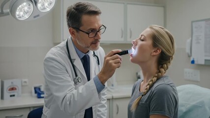 Doctor is examining the patient's throat, he has a serious expression on his face; a medical examination is taking place.