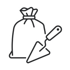 Plastering tools icon illustrating trowel and material bag for wall finishing, construction and renovation tasks. Editable stroke vector icon.