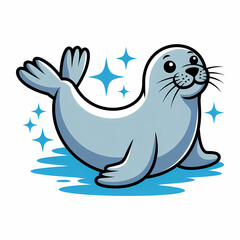 Obraz premium Cute cartoon seal illustration, playful and sparkling, perfect for children's designs and aquatic themes, with ample copy space for text.