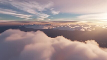 Aerial view of soft, white clouds at sunrise or sunset with a partly cloudy sky and warm, golden light. - Powered by Adobe