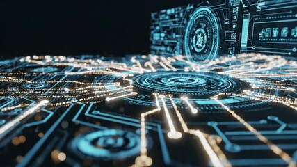 Abstract visualization of a futuristic circuit board with glowing digital pathways symbolizing data flow and AI processing - Powered by Adobe